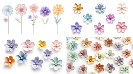 Four image collage showcasing pastel-colored paper flowers in various arrangements; some with stems, others individually displayed, all against a clean white backdrop
