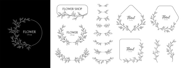 Hand drawn floral frames with flowers, branch and leaves. Elegant logo template. Delicate botanical borders and wreaths in line art and silhouette style. Vector illustration for invitation, card, logo