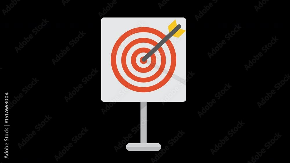 Poster precision aim visual: arrow striking the bullseye on target in flat design on a transparent backgrou