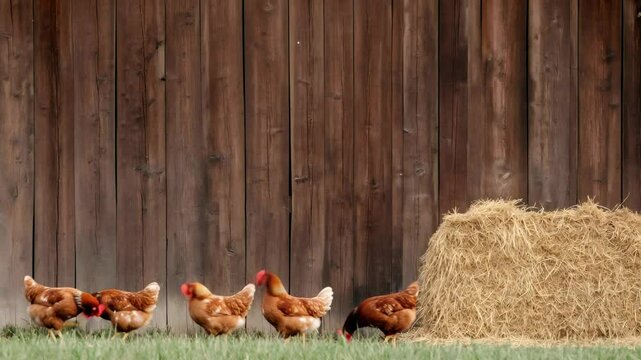 Brown hens pecking and walking freely in farmyard, moving past wooden fence near hay bale, representing sustainable livestock farming and organic poultry production