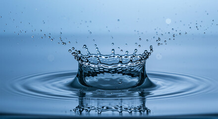 Water splash with droplets in glass on blue background