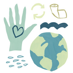 Hand-drawn environmental icons including a globe, a hand with a heart, recycling symbols. Simple and modern illustrations promoting earth care, recycling, and eco-conscious living.