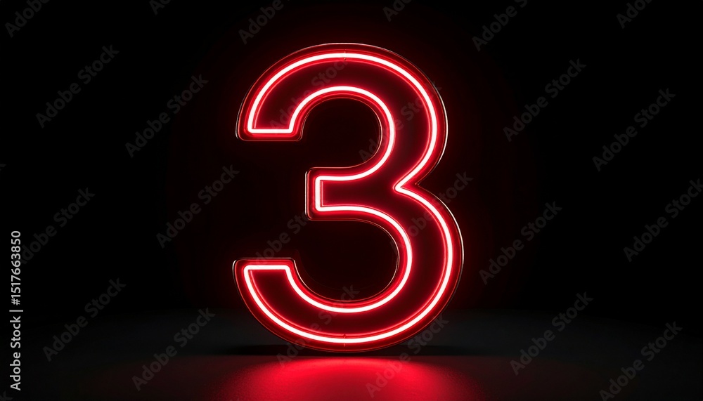 Poster 3d rendering of a metallic number 3 with curved red neon lines on a background.