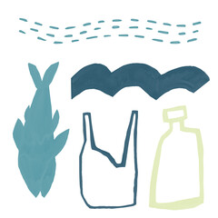Abstract nature and recycling themed elements including fish, waves, plastic bag, and bottle. Design promoting ocean conservation and environmental protection.