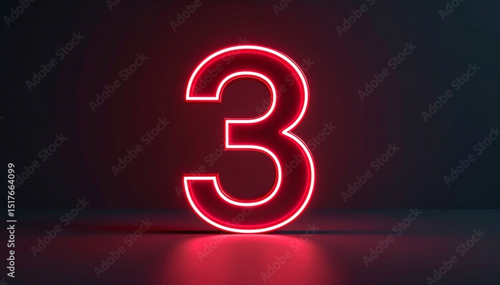 Poster 3d rendering of a metallic number 3 with curved red neon lines on a background.
