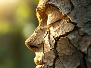 Fototapeta premium Nature-inspired human face carved in tree bark illuminated by warm sunlight during the golden hour
