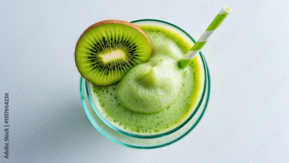 Poster isolated white background showing a top view of a green kiwi smoothie in a glass with a straw