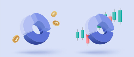 3D stock trading graph report for statistic market in bubble icon. Sell and buy money cash and exchange with finance business, analyzing investment. 3d bank trading icon vector render illustration
