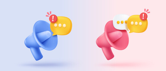 3d megaphone speaker or loudspeaker for announce. Comment reply is false, correct, problem, fail alert and announcement with speech bubbles. Speakerphone notice 3d icon vector render illustration