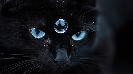 A single droplet of water rests in a perfectly rounded dome atop the sleek black fur on the head of a full-bodied black cat. 