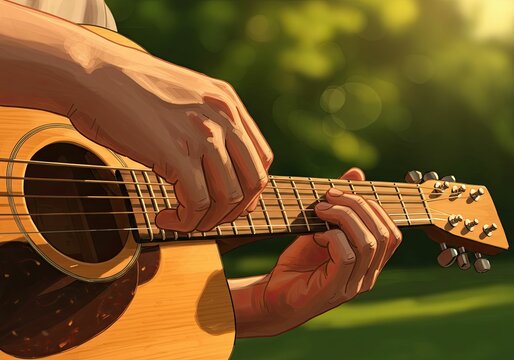 Close up man hand playing acoustic guitar outside at a sunny outdoor event. Concept for World Music Day poster or banner. - Powered by Adobe