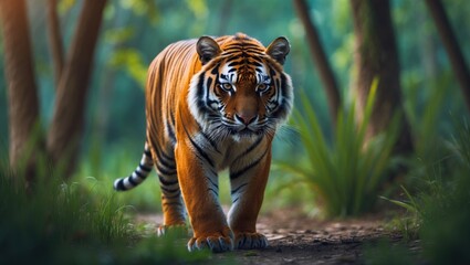 Fototapeta premium Siberian tiger: a Panthera tigris tigris predator from the wild jungle in Russia and East Asia