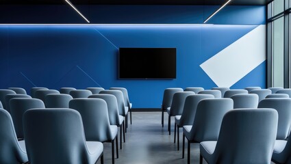 Fototapeta premium Empty, modern conference space with carpeted flooring, blue and white interior walls, seating, and a TV screen for professional seminars and business presentations