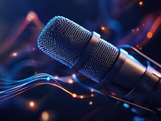 Close-up of a vintage microphone surrounded by colorful sound waves in a studio setting