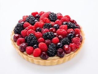 Berry tart with raspberries, blueberries, and currants on white background
