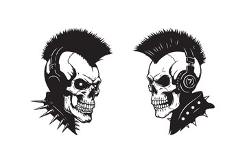 Two Punk Rock Skulls with Headphones and Spiked Collars