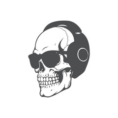 Skull wearing headphones and sunglasses, music lover