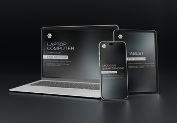 Mobile Phone, Laptop and Tablet Mockup On Black Background