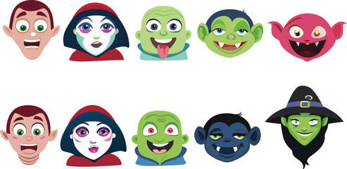 Fototapeta premium Cartoon Halloween Character Heads Vampires Goblin and Witch on White Background