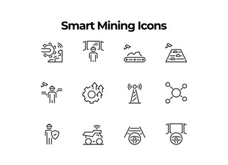 A collection of 12 pixel-perfect icons representing smart mining technology and automation.