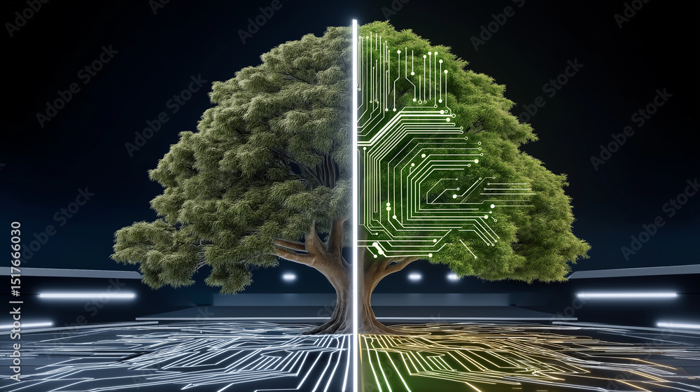 Poster merging nature and technology: a visual representation of the convergence of nature and technology, 