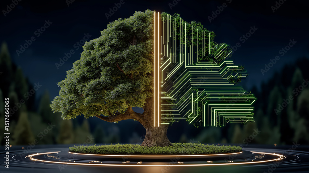 Poster digital nature: an artistic depiction of a tree, split between its natural form and a circuit board 