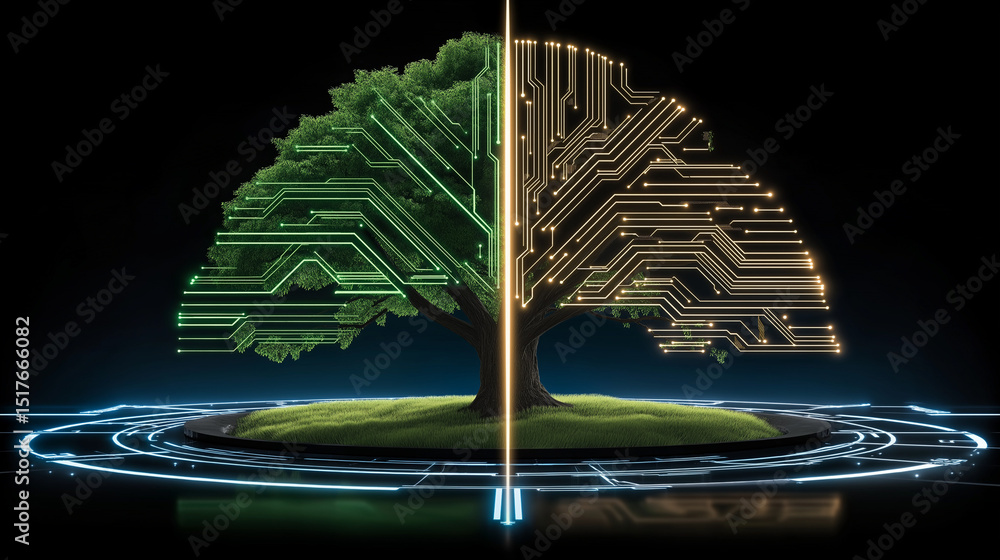 Poster digital ecosystem: an illustrative tree representing the fusion of nature and technology, with one h