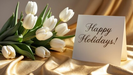 Holiday greeting card with Happy Holidays text and an elegant arrangement of white flowers on a beige background, perfect for festive occasions.