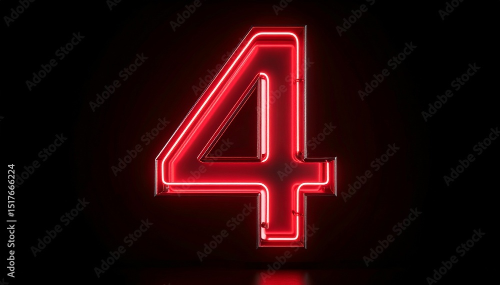 Poster 3d rendering of a metallic number 4 with curved red neon lines on a background.