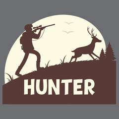Hunter's Horizon Silhouette T-Shirt Design – Vintage Sunset Forest Hunting Scene for Outdoor Tech Wear

