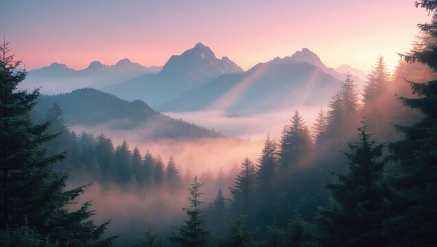 Pink sunrise over mountain peaks and coniferous forest with scenic landscape