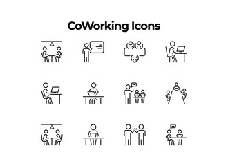 Set of 256x256 pixel perfect coworking space icons depicting teamwork meetings presentations and various collaborative activities in a modern office setting. Ideal for websites and apps