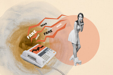Pop surreal collage of person stand near telephone with fake lie on pink background