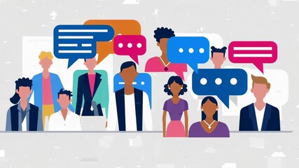 Diverse group of professionals engaging in conversation, represented by colorful speech bubbles floating above their heads, symbolizing communication and teamwork in a diverse workplace - Powered by Adobe