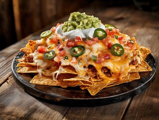 Delicious nachos topped with cheese, guacamole, sour cream, and fresh vegetables served on a rustic wooden table