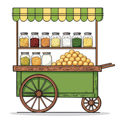 Vibrant street food scene close-up of a pani puri cart overflowing with crispy puris, glass jars of colorful chutneys, and a bustling atmosphere. © derahvana