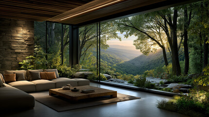 Luxury Living: An image of modern living, seamlessly merging indoor comfort with the vast beauty of nature. The space features elegant furnishings and a panoramic view of the lush landscape.
