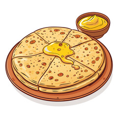 A photograph of a freshly made golden-yellow paratha, glistening with melted ghee, showing its flaky layers and rich texture.