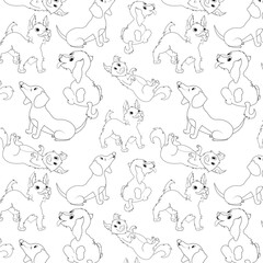 Seamless vector pattern: Cute line art dogs in various playful poses, depicted in a simple, minimalist style on a clean white background.