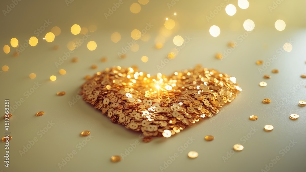 Poster sequin heart design on a red background with copy space for festive decorations
