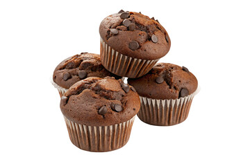 A stack of four chocolate chip muffins in paper liners isolated against a plain white background view