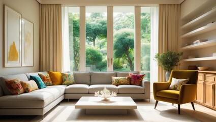 Fototapeta premium Modern apartment living space with grey furniture, a table, and expansive window background