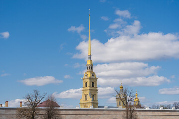 Ancient Peter and Paul Fortress in spring sunny day, view from Neva river. Saint Petersburg, Russia