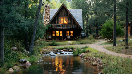 Obraz premium Rustic Log Cabin By Stream In Forest