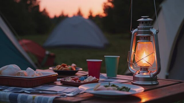 Soft kerosene lamp glowing over camping dinner table during sunset, illuminating rustic evening scene with tents nestled against wilderness backdrop