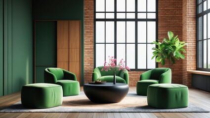 Modern interior with brick wall backdrop and elegant emerald green furniture and decor