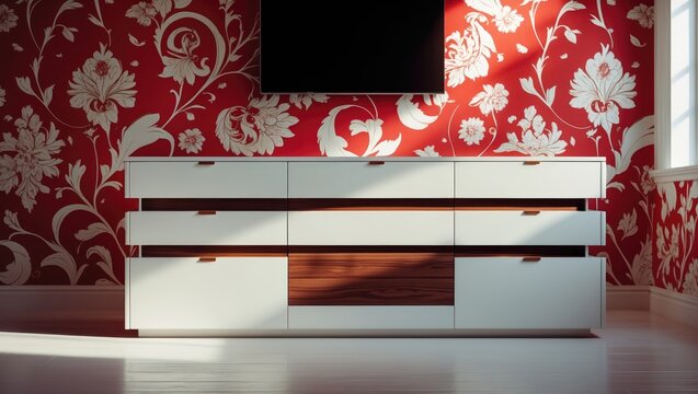 In a beautifully designed living space, a sleek wooden dresser functions as an elegant stand for the television, merging practicality with aesthetic appeal to elevate the decor.