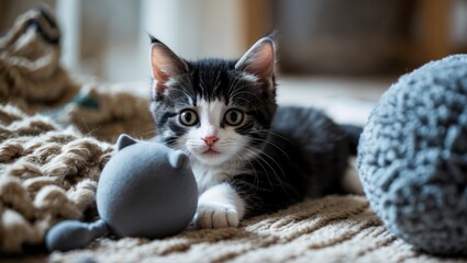 Adorable black and white kitten with whiskers enjoys playtime on a cozy rug in a stylish living room setting