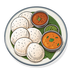 A close-up shot of a plate of steaming idli, served with flavorful sambar and vibrant chutneys. White background emphasizes the food.