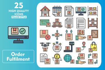 Order Fulfilment Line Filled Icon Set. Incleded Icons Warehouse, Calendar, Form, Online Order, Inventory, Credit Card, Pallet, Paper, Document. Vector Icons Collection